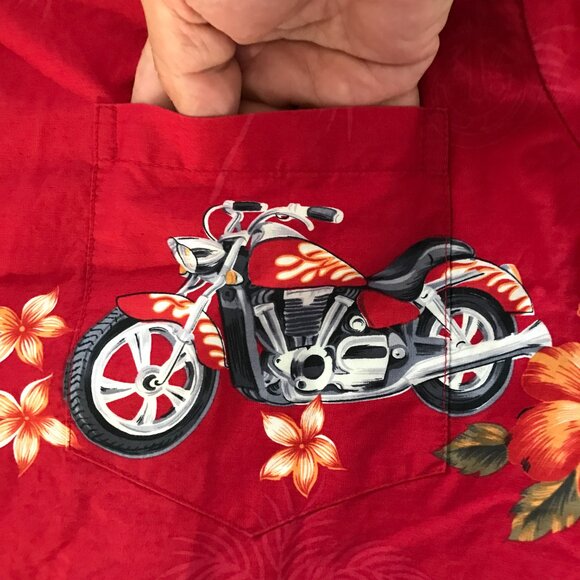 Bishop Street Shirt Men L Red Motorcycle Floral Button Up Pocket Short Sleeve - Picture 10 of 11
